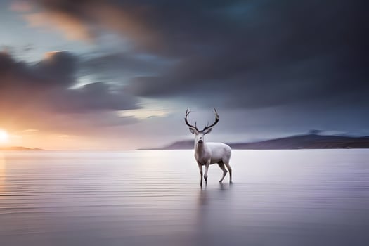 a deer stands in the water at sunset. AI-Generated photo