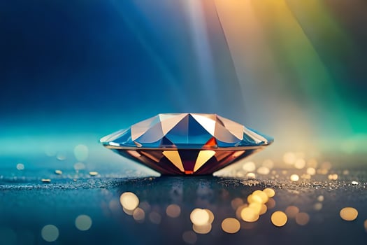 a diamond on a table with bokeh lights. AI-Generated photo