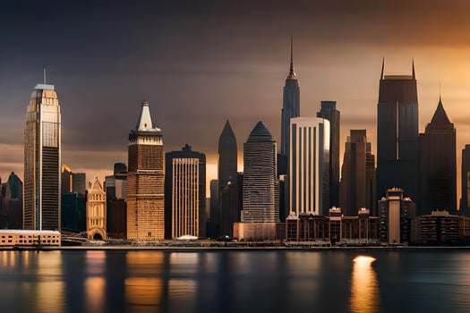 the city skyline is lit up at sunset. AI-Generated photo