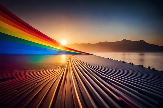 a rainbow colored line on the beach at sunset. AI-Generated photo