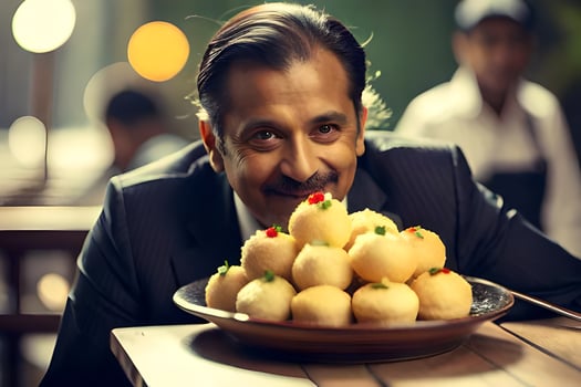 a man in a suit is sitting in front of a plate of food. AI-Generated photo