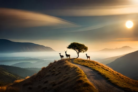 photo wallpaper the sky, trees, animals, mountains, the sun, the sky, the mountains. AI-Generated