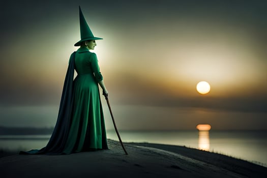 a woman in a green dress and hat stands on the beach. AI-Generated photo