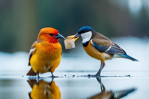 two birds standing on the water with a piece of food. AI-Generated photo