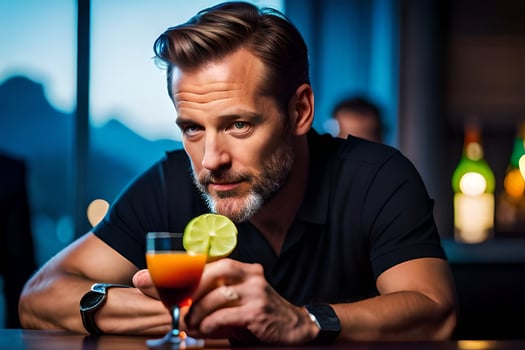 a man sitting at a bar with a drink and a lime. AI-Generated photo