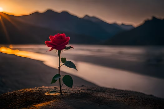 a single red rose is growing out of the sand at sunset. AI-Generated photo