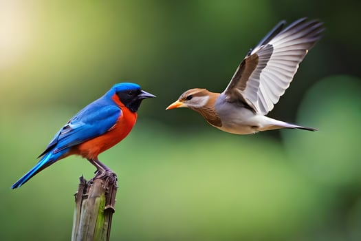 a blue and orange bird is standing on a wooden post. AI-Generated photo