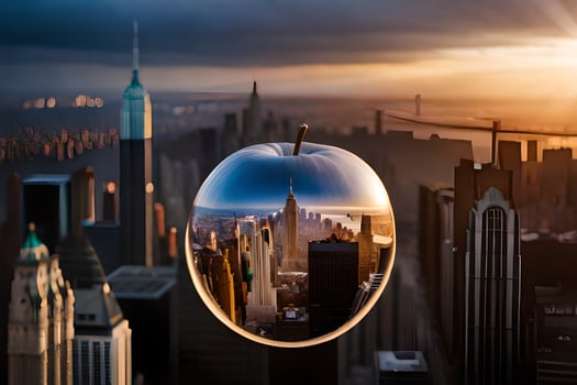 an apple with a city in the middle of it. AI-Generated photo