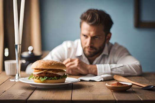 a man sits at a table with a burger and a glass of wine. AI-Generated photo
