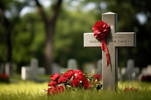 Red roses on a grave at a cemetery during the sunset with copy space AI generated photo