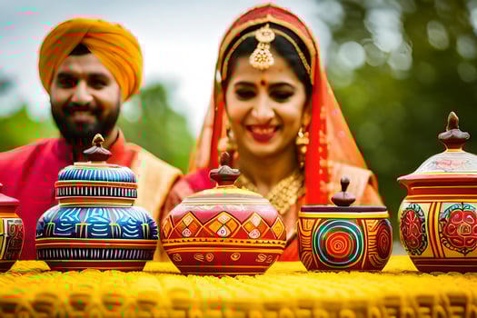 a couple in traditional indian attire are holding colorful pots. AI-Generated photo