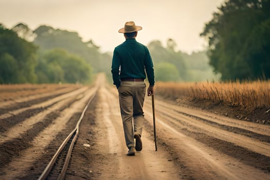 a man walking down a dirt road with a cane. AI-Generated photo