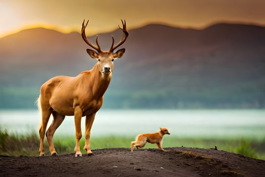 a deer and a fox standing on the side of a mountain. AI-Generated photo