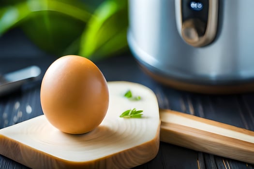 an egg on a cutting board next to an electric pressure cooker. AI-Generated photo
