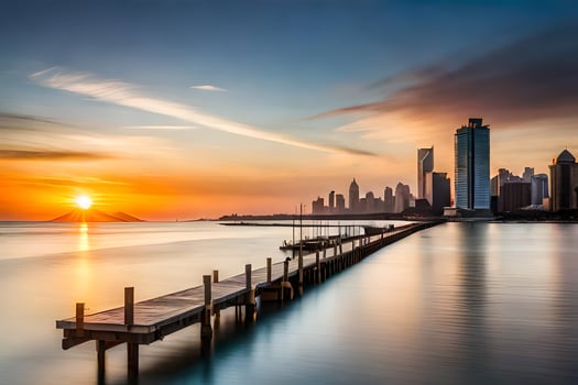 the sun sets over the city skyline in dubai. AI-Generated photo