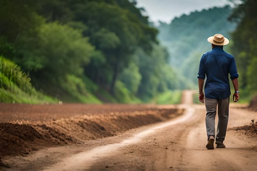 a man in a hat walks down a dirt road. AI-Generated photo