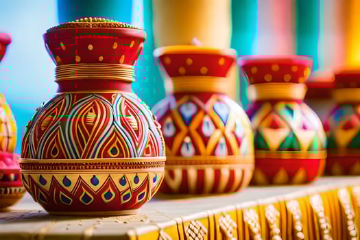 colorful vases on a table with colorful designs. AI-Generated photo