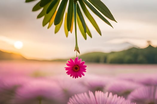 a pink flower is hanging from a palm leaf. AI-Generated photo