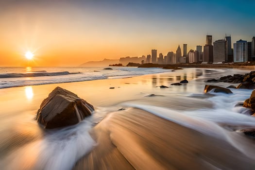 the sun rises over the city skyline in this photo. AI-Generated photo