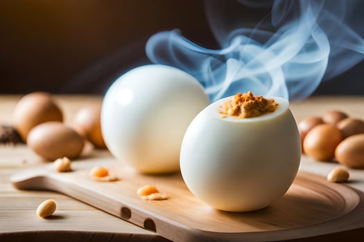 two boiled eggs with smoke coming out of them. AI-Generated photo