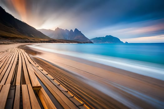 a long exposure photograph of a beach with mountains in the background. AI-Generated photo