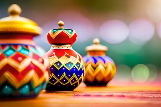 colorful vases on a wooden table. AI-Generated photo