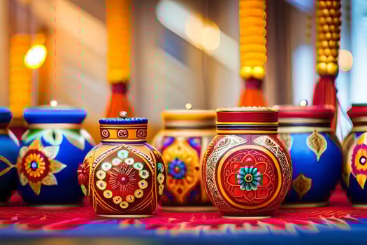 colorful vases with candles on a table. AI-Generated photo