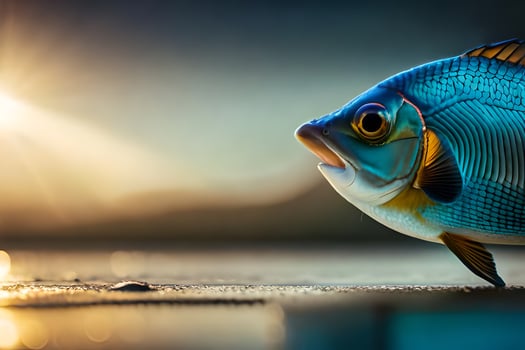a fish is standing on the beach with the sun in the background. AI-Generated photo