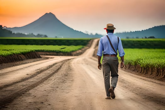 a man in a hat walks down a dirt road. AI-Generated photo