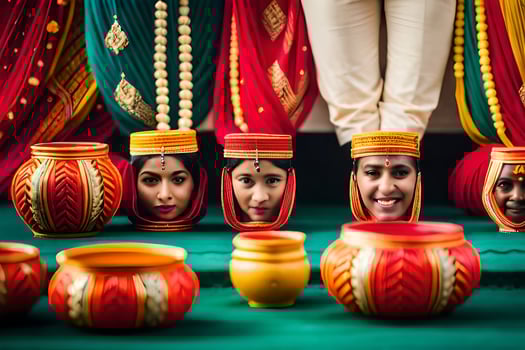 a group of people wearing colorful headdresses and pots. AI-Generated photo