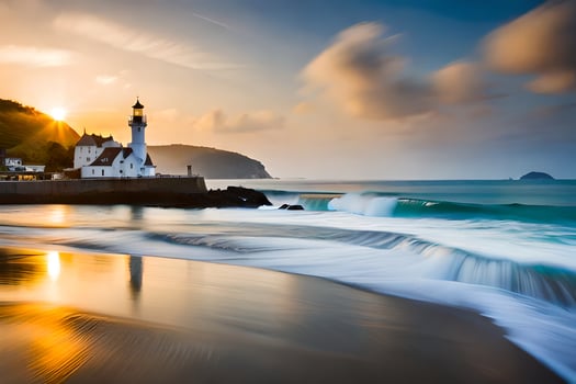 a lighthouse sits on the beach at sunset. AI-Generated photo