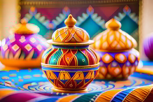 colorful decorative pots on a table with colorful designs. AI-Generated photo