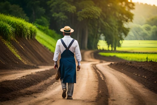 a man in a hat and apron walking down a dirt road. AI-Generated photo