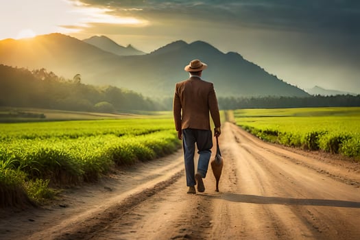 a man walking down a dirt road with a suitcase. AI-Generated photo