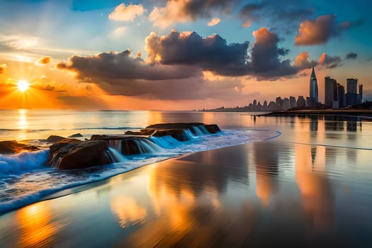 the sun sets over the city skyline in dubai. AI-Generated photo
