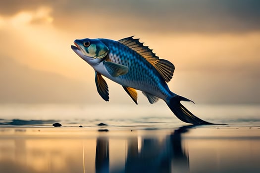 a fish is jumping out of the water at sunset. AI-Generated photo