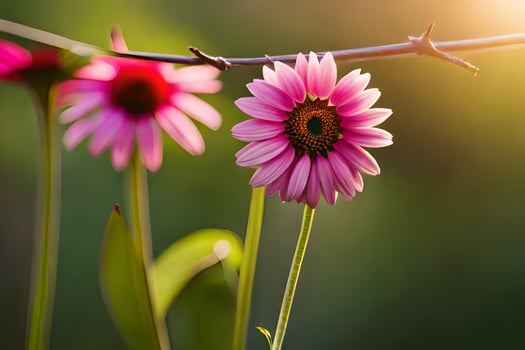 pink flowers are on a branch with the sun shining. AI-Generated photo