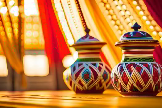 two colorful vases sit on a table. AI-Generated photo