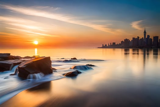 the sun rises over the city skyline in this photo. AI-Generated photo
