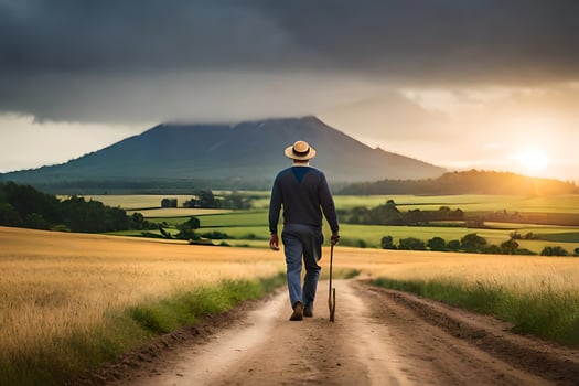 a man walking down a dirt road with a hat and cane. AI-Generated photo