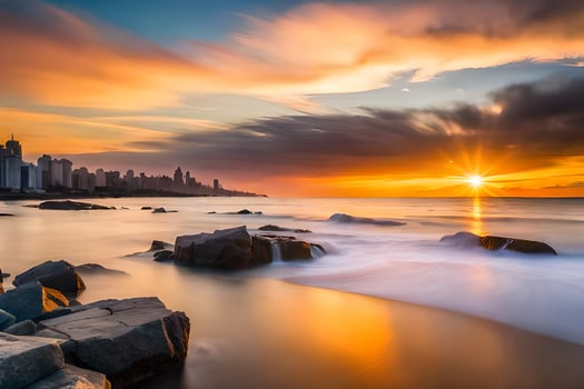 the sun sets over a city skyline and the ocean. AI-Generated photo