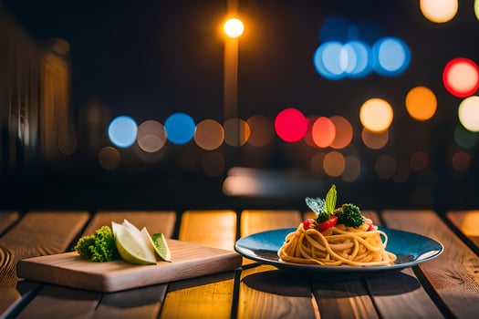 spaghetti and broccoli on a wooden table in the city at night. AI-Generated photo
