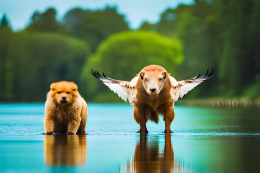 two dogs standing in the water with wings out. AI-Generated photo