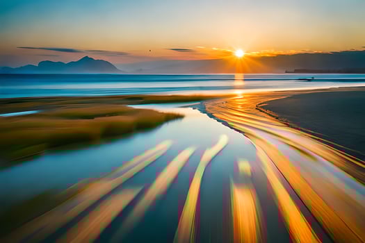the sun is setting over a beach with waves. AI-Generated photo