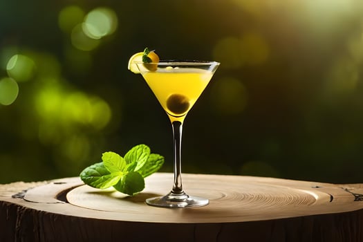 a cocktail with a lemon slice on top of a wooden table. AI-Generated photo