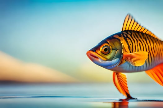 a fish with a yellow and orange body is standing on the water. AI-Generated photo