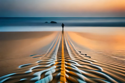 a man standing on the beach at sunset. AI-Generated photo