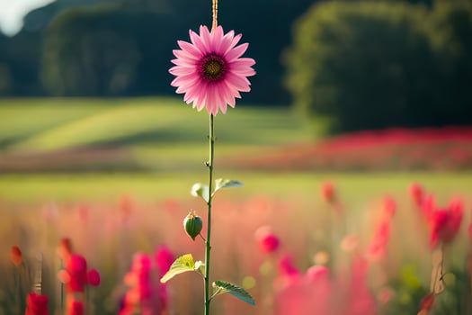 a pink flower stands in the middle of a field. AI-Generated photo