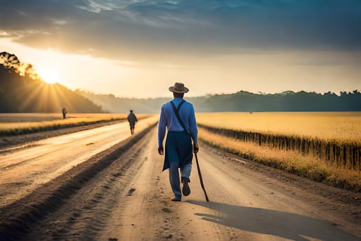 a man walking down a dirt road with a cane. AI-Generated photo