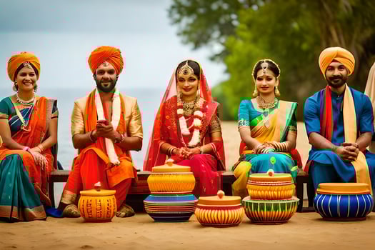 a group of indian people sitting on the beach. AI-Generated photo